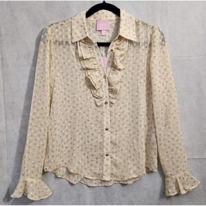 Muse Republic Clothing Ivory/Beige Long-sleeve Front Ruffle Polka Dot Blouse XS